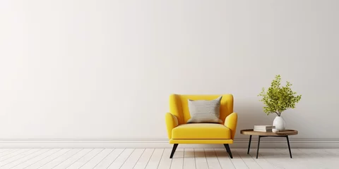 Foto op Aluminium Living room interior with yellow fabric armchair and table on empty white wall background, Generative AI  © Geetanjali