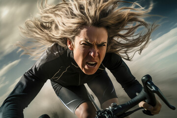 Fototapeta na wymiar Cyclist pedaling fast on a road bike with wind-blown hair
