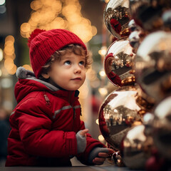 2 year old child and Christmas decoration - obrazy, fototapety, plakaty