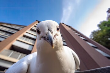 serious curious pigeon takes a selfie in the city