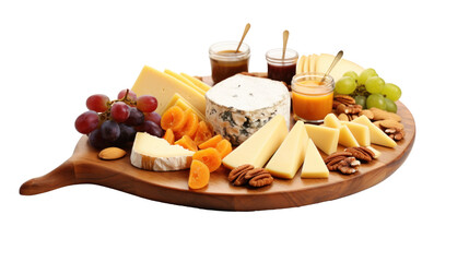 Very tasty cheese platter on a wooden board, grapes, crackers, dips, cheese board, isolated