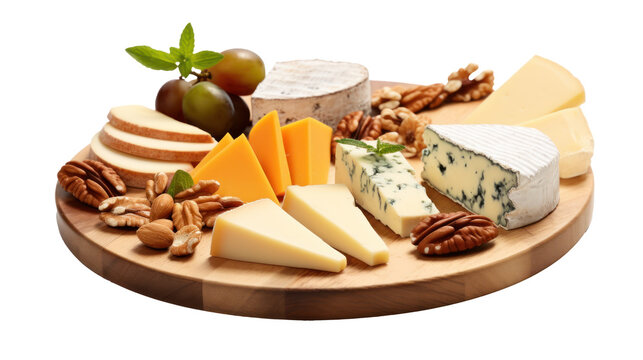 Very tasty cheese platter on a wooden board, grapes, crackers, dips, cheese board, isolated
