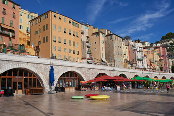  Menton, France - August 8, 2023 - View on old part of Menton on a beautiful summer day  