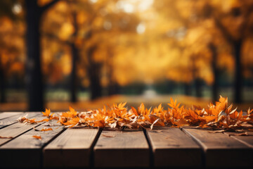Autumn background, close up of old empty wooden table over the lake with copy space
