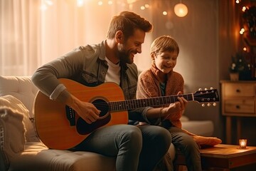 A father and son bond at home as a father teaches his young son to play the guitar, creating a special moment of musical connection and togetherness.