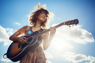 A young and talented female musician plays an acoustic guitar outdoors against a blue sky.
