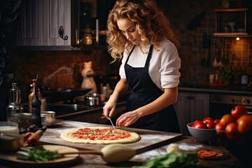 A young woman in the kitchen prepares delicious and healthy homemade pizza from fresh ingredients.