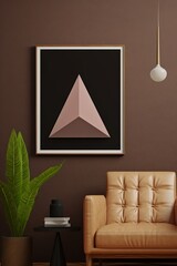 Mock up poster frame in modern interior on dark brown wall background, Generative AI 