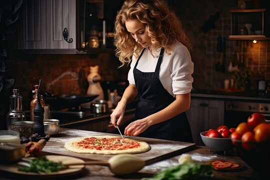 A young woman in the kitchen prepares delicious and healthy homemade pizza from fresh ingredients.