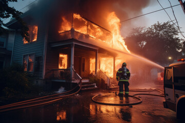 Bombero apagando incendio en una casa en los suburbios. - obrazy, fototapety, plakaty