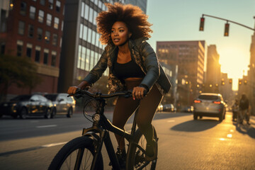 Mujer negra montada en una bicicleta eléctrica y con ropa casual en una ciudad con luz de atardecer. - obrazy, fototapety, plakaty