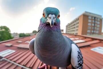 serious curious pigeon takes a selfie in the city