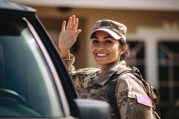 Happy servicewoman waving her hand on her homecoming - obrazy, fototapety, plakaty