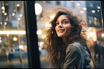 Brunette young woman at night, hair blowing in wind on a city street,  portrait of a person outside shop window,  looking up happy expression  - obrazy, fototapety, plakaty
