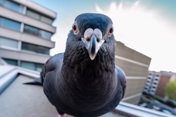 serious curious pigeon takes a selfie in the city