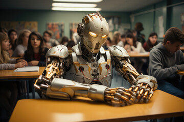 Robot retrofurista en una clase de un colegio o instituto tradicional. Concepto de IA.