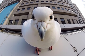 serious curious pigeon takes a selfie in the city
