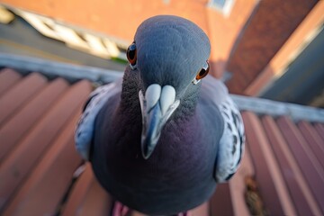 serious curious pigeon takes a selfie in the city