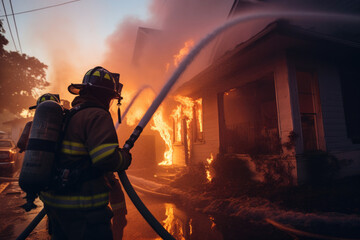 bombero con manguera apagando incendio en una casa. - obrazy, fototapety, plakaty