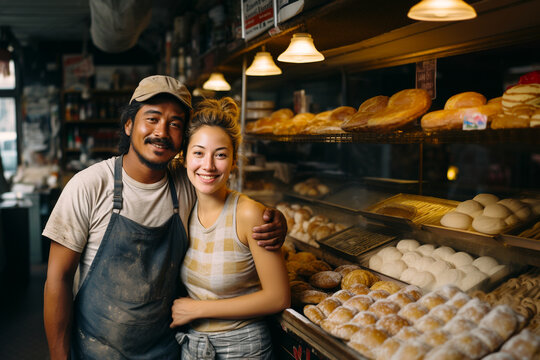young interracial entrepreneur couple in their bakery shop, smiling at camera with negative space for copy text  - Powered by Adobe
