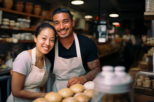 young interracial entrepreneur couple in their bakery shop, smiling at camera with negative space for copy text 