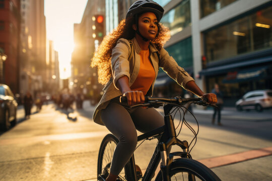 Mujer negra con casco y ropa formal montada en una bicicleta el&eacute;ctrica, en una ciudad y con luz de atardecer.