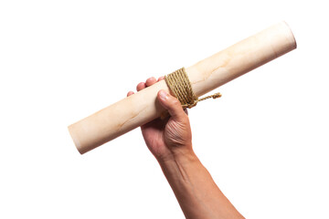 scroll of antique paper tied with a golden rope in hand