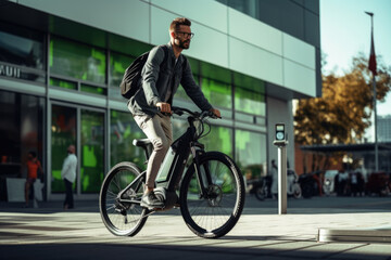 Hombre blanco montado en bicicleta eléctrica en una ciudad con luz de día (mediodía) - obrazy, fototapety, plakaty