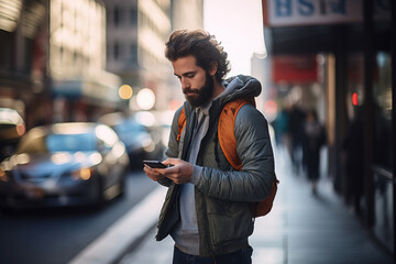 Hombre blanco con barba en una calle de una ciudad viendo su teléfono móvil.