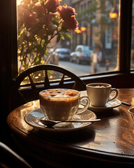 Un par de cafés encima de una mesa de madera dentro de una cafetería con una ventana y la calle al fondo.