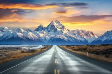 A Realistic View of a Scenic Road Leading Toward Majestic Snowy Mountains