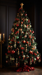 A beautifully decorated Christmas tree in a dimly lit room