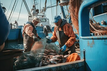 documentary footage of fishing boat, fishermen during their job, ocean, detailed, industrial photography - obrazy, fototapety, plakaty