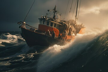 Fishing trawler sailing in open waters during a strong storm