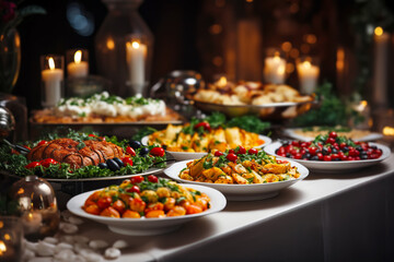 Catering buffet food. Festive table with Delicious colorful meat and vegetable dishes. Celebration Party