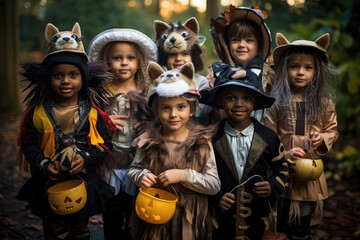Group of children in creative Halloween costumes - obrazy, fototapety, plakaty