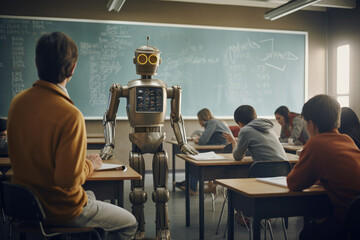 Imagen retornable de un robot retro-futurista dando clase en un aula de educación secundaria