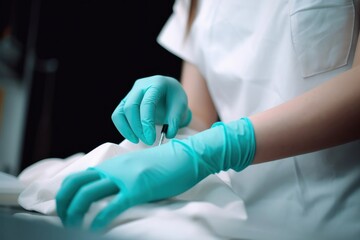 Closeup nurse hands in gloves. Rubber glove manufacturing, human hand is wearing latex gloves. Nurse wearing nitrile protective gloves. High quality photo