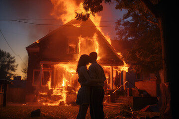 Silueta de pareja consolándose mientras ven su hogar arder en un incendio - obrazy, fototapety, plakaty