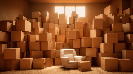 habitación llena de cajas con un sofá en el centro
