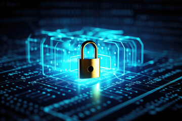 Candado dorado sobre cpu. concepto ciberseguridad y protección de datos.