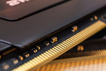 DDR4 DRAM memory module golden electrical contact macro. Computer RAM chip. Desktop PC memory components - obrazy, fototapety, plakaty