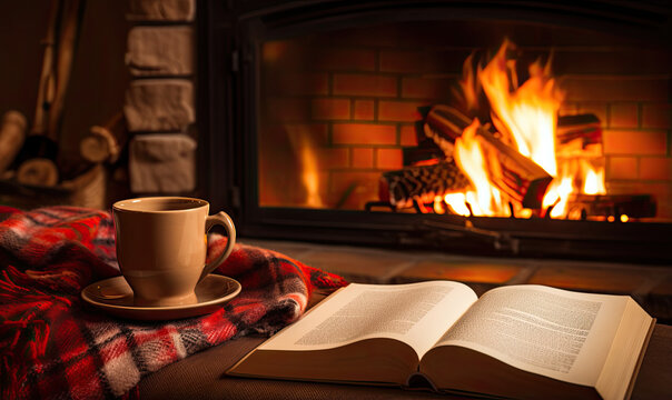 cosy room with fireplace, book and cup of tea. 