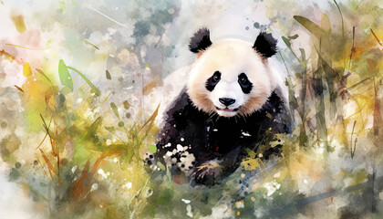 Fototapety  Watercolor illustration of a panda bear in bamboo leaves.