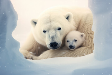 Mother polar bear cuddling her cub