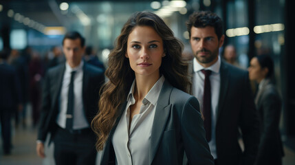 Mujer de negocios caucásica, vestida de traje y camisa blanca en un pasillo de un edifico de oficinas con hombre de negocios al fondo mirando a cámara. - obrazy, fototapety, plakaty