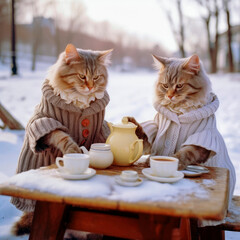 Two cutes cats are sitting outdoor drinking tea