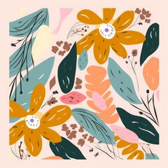 Hand drawn naive abstract flowers and leaves print. Cute collage pattern. Fashionable template for design, Generative AI 