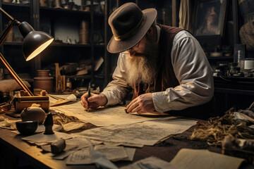 Historian carefully examining historical documents or artifacts