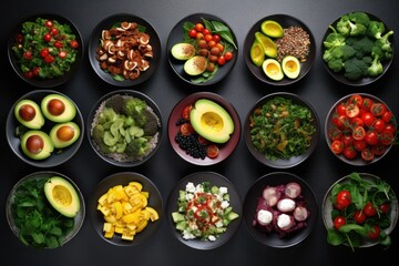 Healthy vegetarian salad bowl on black background. Top view, flat lay, Assortment of healthy food dishes. Top view, AI Generated